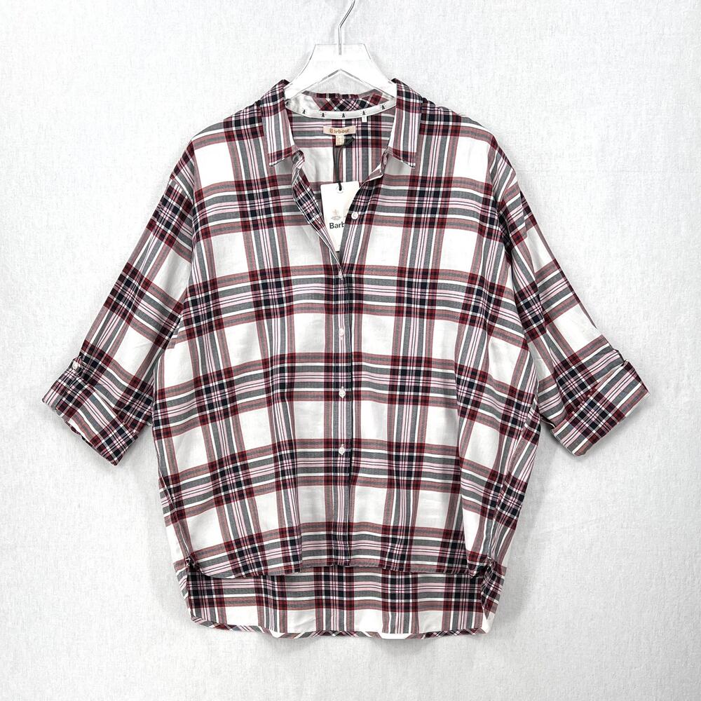 BARBOUR Classic Collar Check Bethwin Shirt 10 White Black Red Plaid Roll Tab NEW